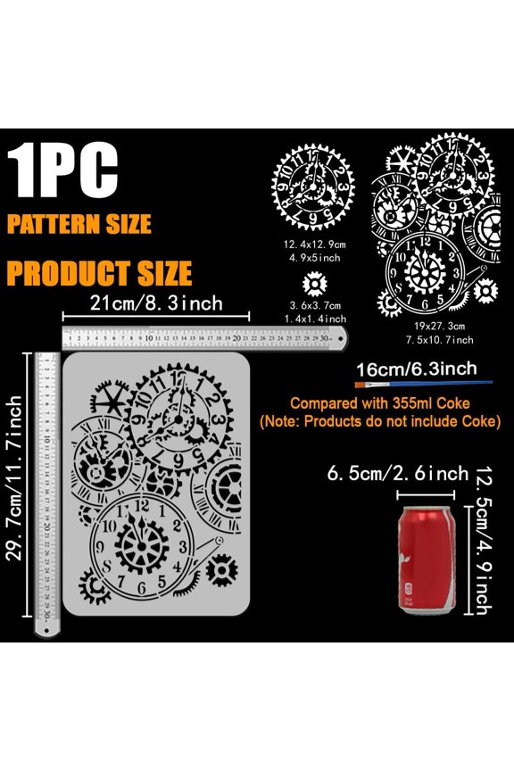 Gear Clock Stencils with a Paint Brush 11.7x8.3Inch Steampunk Gear Pattern Stencils Creative Clock Stencils Retro Gear Decoration Stencils Vintage Themes Steampunk Clock Template