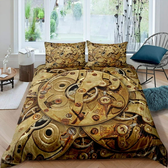 Gear Duvet Cover Set Retro Golden Clock Comforter Cover Set Full Size Steampunk Style Quilt Cover Me