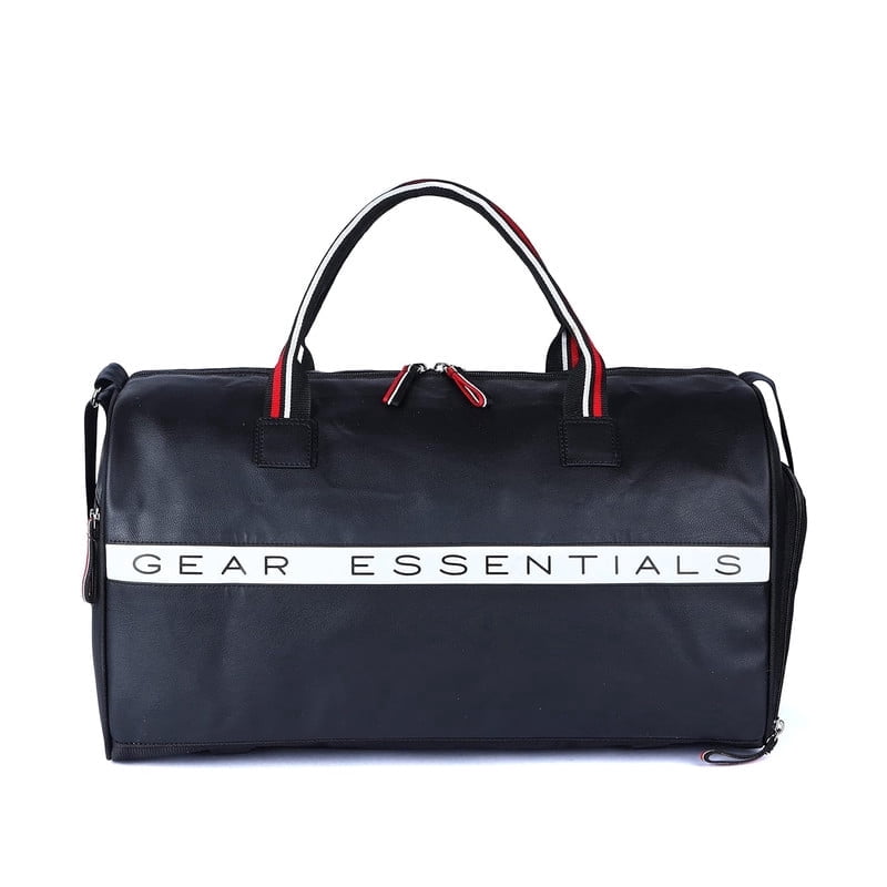 Gear Essentials 27L Faux-Leather Water Resistant Travel Duffle Bag/Gym Bag for Men/Women with Shoe Compartment (Black)