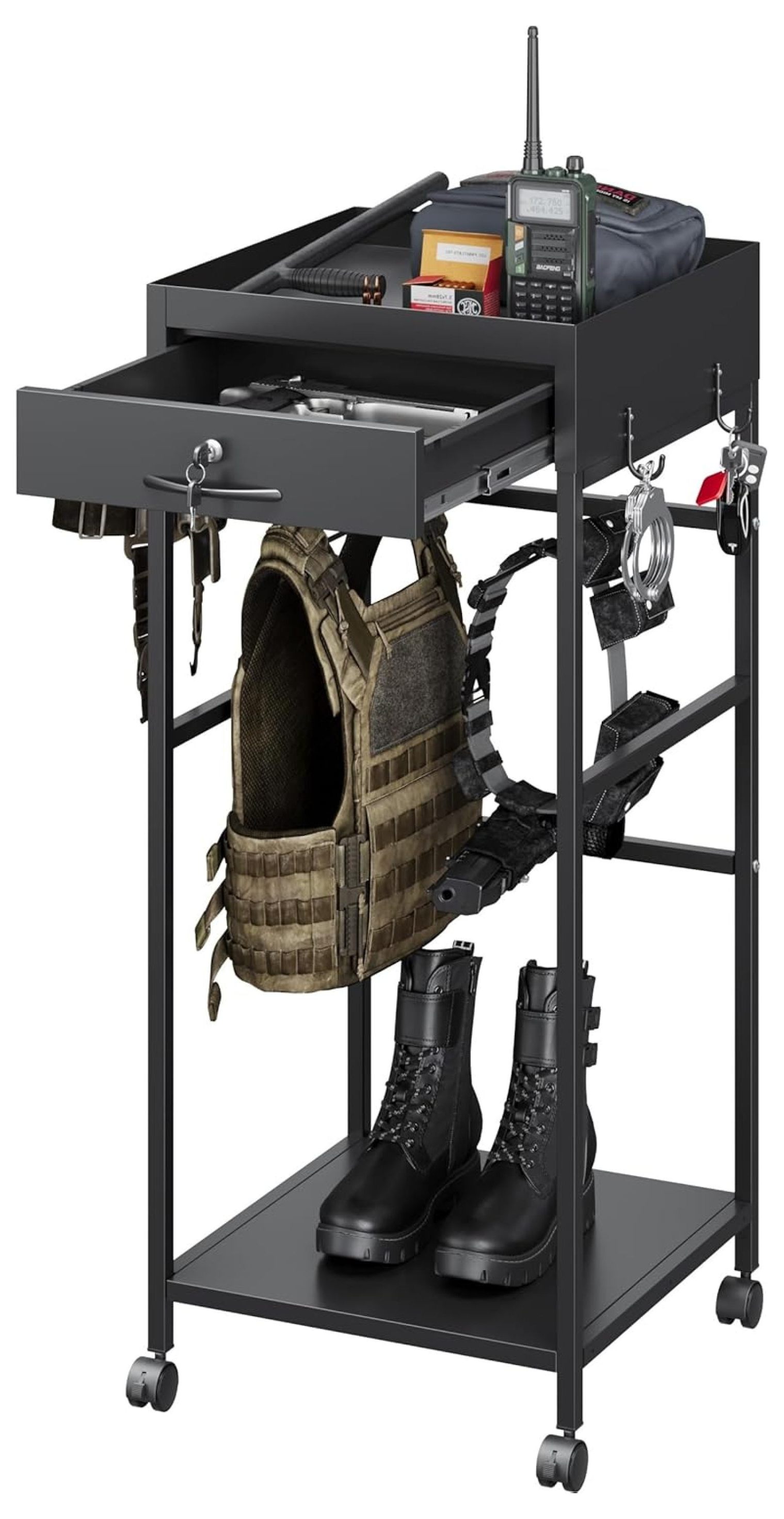 Gear Rack with Lockable Drawer & Wheels,Military Gear Stand with 6 ...