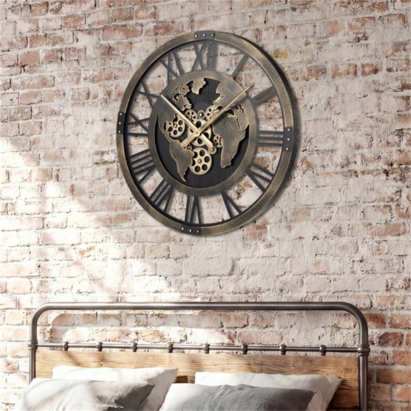 Gear Wall Clock World Map 27Inch Non Ticking Quartz Movement Decorative Home Clock Metal Frame ABS Silent Bedrooms Study Library Meditation Rooms Gift Battery Operated Large Easy Read Wall Mount Kit