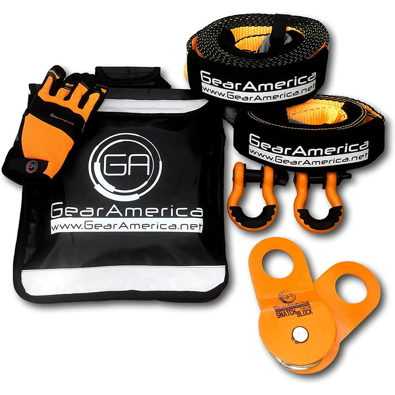 GearAmerica Off-Road Recovery Kit | Tow Strap + Tree Saver + Heavy Duty  Snatch Block Pulley + Orange D-Ring Shackles + Winch Line Dampener Bag +