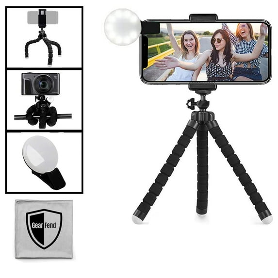 GearFend 6.5” Flexible Universal Tripod, LED Selfie Light with Rechargeable Battery, Smartphone Tripod Mount for All iPhones, Samsung Phones and Most Mobile Phones Plus Microfiber Cloth