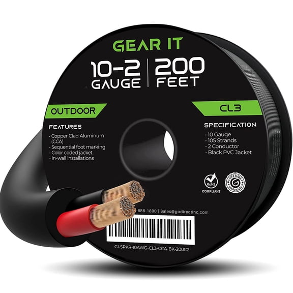 GearIT 10/2 CCA (Copper Clad Aluminum) Outdoor Speaker Wire for Outdoor Direct Burial In Wall Speakers, Black 200 ft.