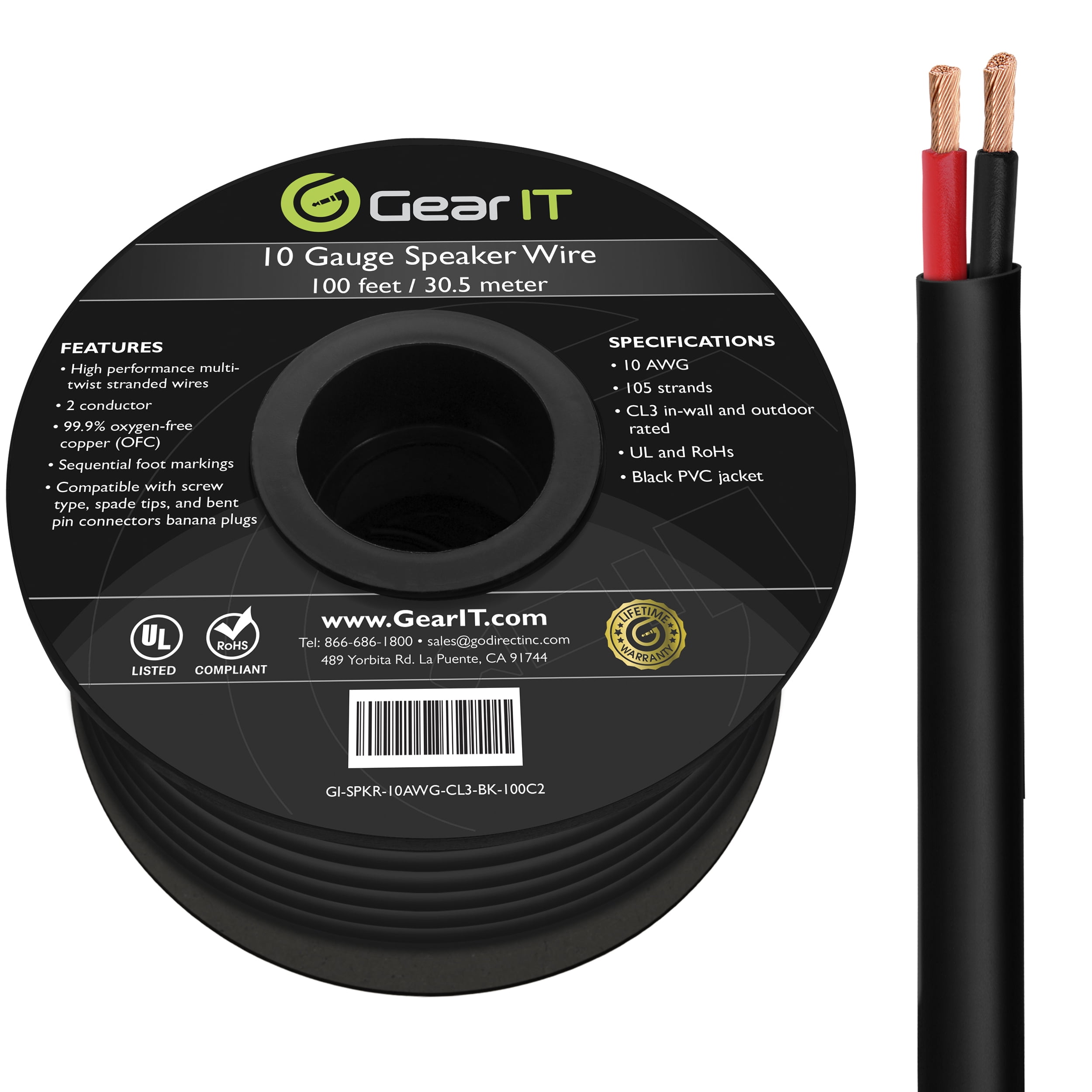 GearIT 10/2 Speaker Wire (100 Ft) 10AWG 2-Conductor - 10 Gauge Speaker Cable Outdoor Direct Burial, In Wall, CL3 CL2 Rated - OFC Oxygen-Free Copper, Black