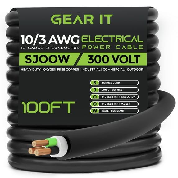 GearIT 10/3 10 AWG Portable Power Cable (100 Feet - 3 Conductor) SJOOW 300V 10 Gauge Electric Wire for Motor Leads, Portable lights, Battery Charger, Stage Lights and Machinery -100ft Electrical Cord
