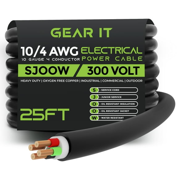 GearIT 10/4 10 AWG Portable Power Cable (25 Feet - 4 Conductor) SJOOW 300V 10 Gauge Electric Wire for Motor Leads, Portable lights, Battery Chargers, Stage Lights and Machinery -25ft Electrical Cord