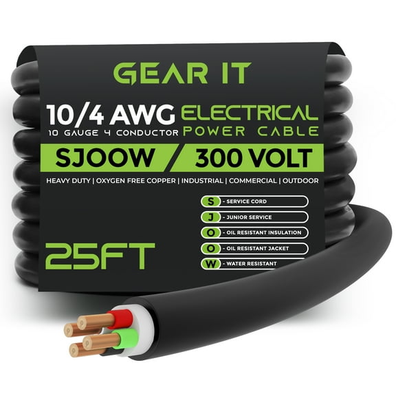 GearIT 10/4 10 AWG Portable Power Cable (25 Feet - 4 Conductor) SJOOW 300V 10 Gauge Electric Wire for Motor Leads, Portable lights, Battery Chargers, Stage Lights and Machinery -25ft Electrical Cord
