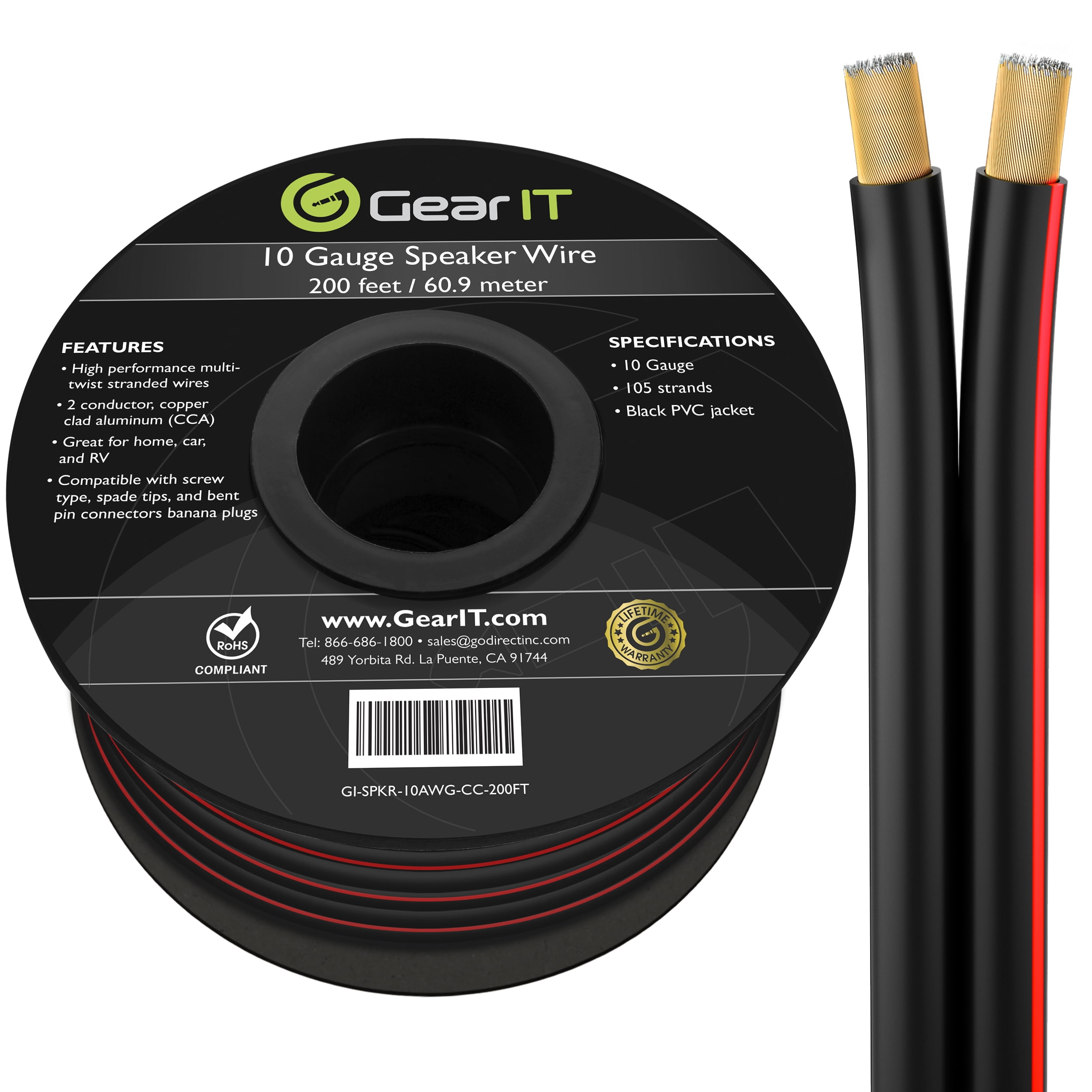GearIT 10 Gauge Speaker Wire (200 Feet), Copper Clad Aluminum, CCA Thick Gauge Copper Wire for Stereo, Surround Sound, Home Theater, Radio (Black, 200 Feet)