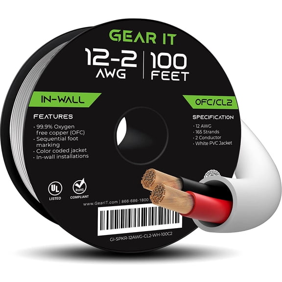 GearIT 12/2 2-Conductor 12AWG In Wall Speaker Wire Audio Cable OFC, White 100 ft