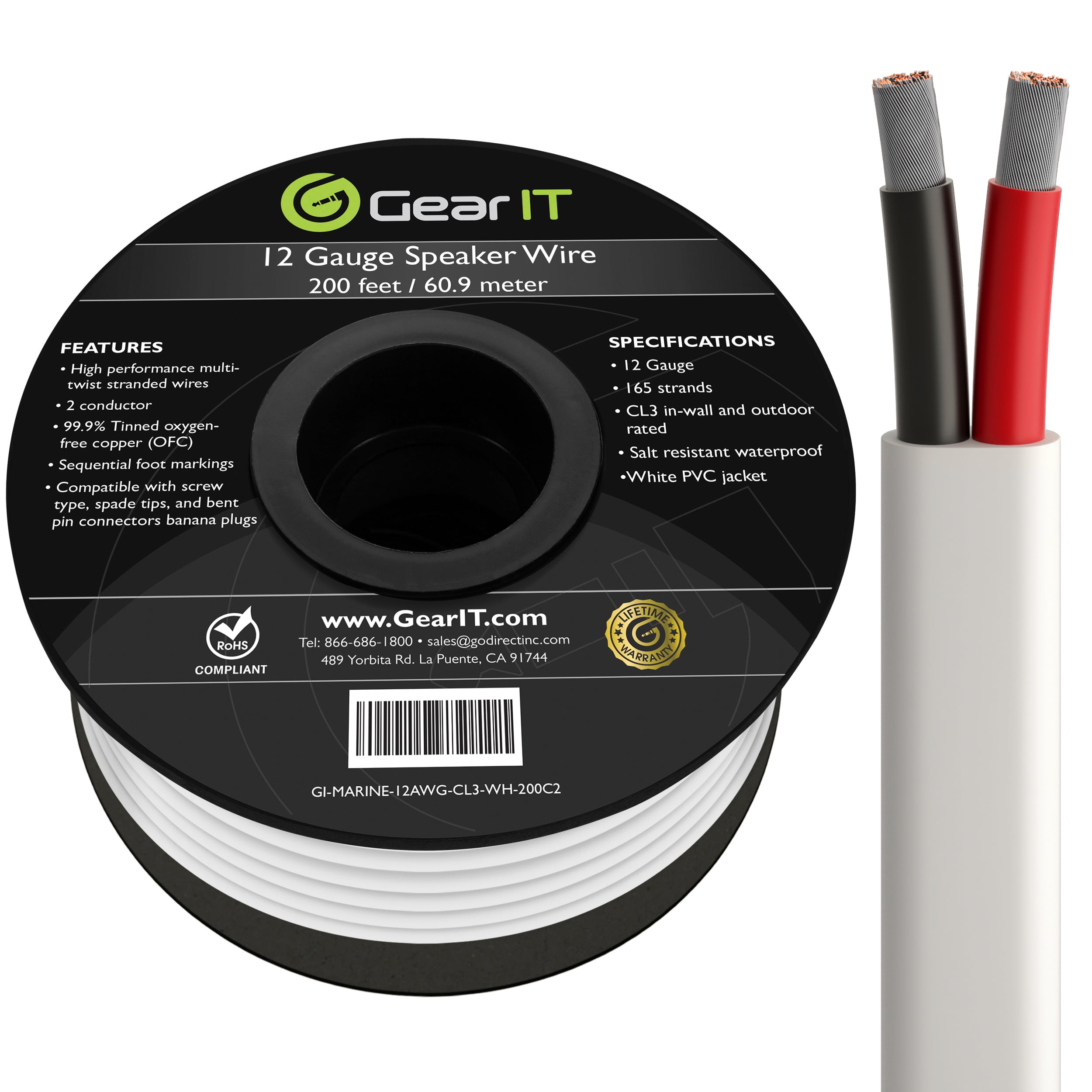 GearIT 12/2 Marine Wire (200 Feet) 12AWG Gauge - Tinned OFC Copper / Marine Grade Speaker Cable / Duplex / 2 Conductors - OFC Oxygen-Free Copper, White 200ft