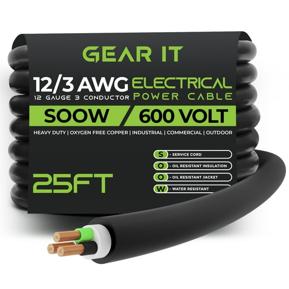 GearIT 12/3 12 AWG Portable Power Cable (25 Feet - 3 Conductor) SOOW 600V 12 Gauge Electric Wire for Motor Leads, Portable lights, Battery Chargers, Stage Lights and Machinery -25ft Electrical Cord