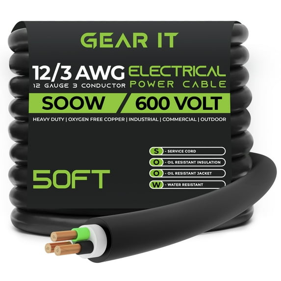 GearIT 12/3 12 AWG Portable Power Cable (50 Feet - 3 Conductor) SOOW 600V 12 Gauge Electric Wire for Motor Leads, Portable lights, Battery Chargers, Stage Lights and Machinery -50ft Electrical Cord