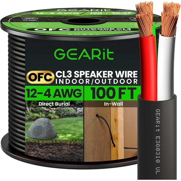GEARit 12 AWG Speaker Wire, Direct Burial Oxygen-Free Copper Speaker Cable, Black, 100ft