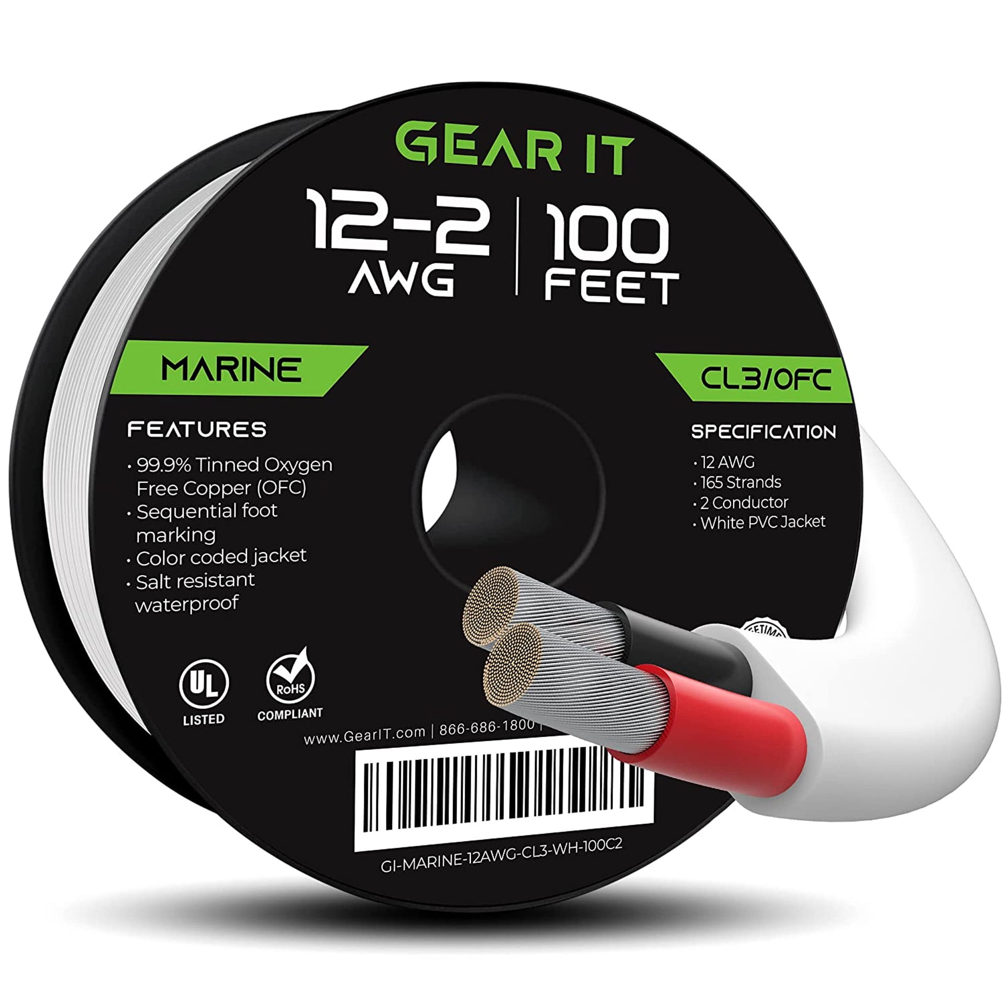 GearIT 12 AWG Wire 2-Conductor OFC Marine Grade Wire for Boat Speakers, White 100 ft