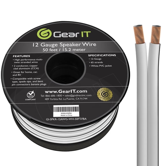 GearIT 12AWG Speaker Wire, 12 Gauge Copper Clad Aluminum for Home Theater and Car Audio Systems, White, 50 ft