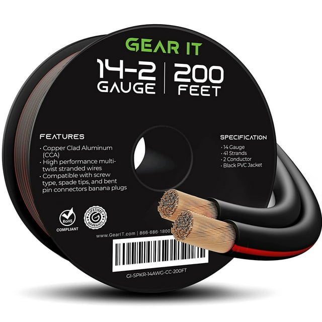 GearIT 14/2 CCA Wire Speaker Cables, 14AWG Gauge 200ft Black