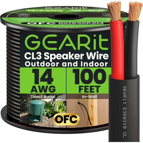 GEARit 14/2 Speaker Wire for Outdoor, Direct Burial, OFC, 14AWG Gauge, Black, 100 ft