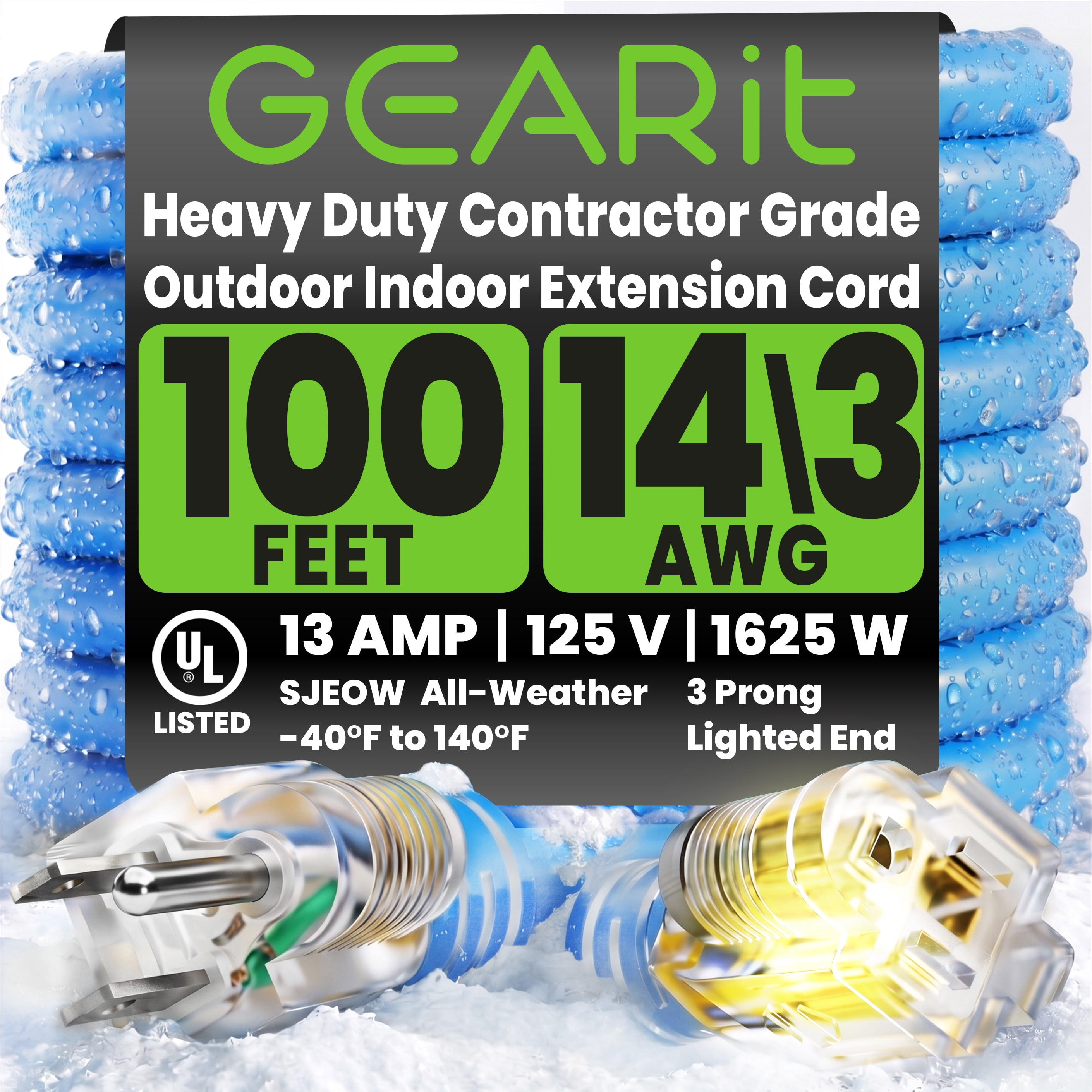 GEARit 14/3 Outdoor Extension Cord 100 Ft, SJEOW Extreme Heavy Duty for Cold Weather Indoor/Outdoor - Lighted LED Plug