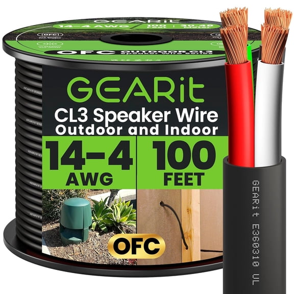 GEARit 14/4 AWG Speaker Wire CL3 Oxygen Free Copper, Indoor and Outdoor Use, Black, 100 Feet / 30.48 Meters