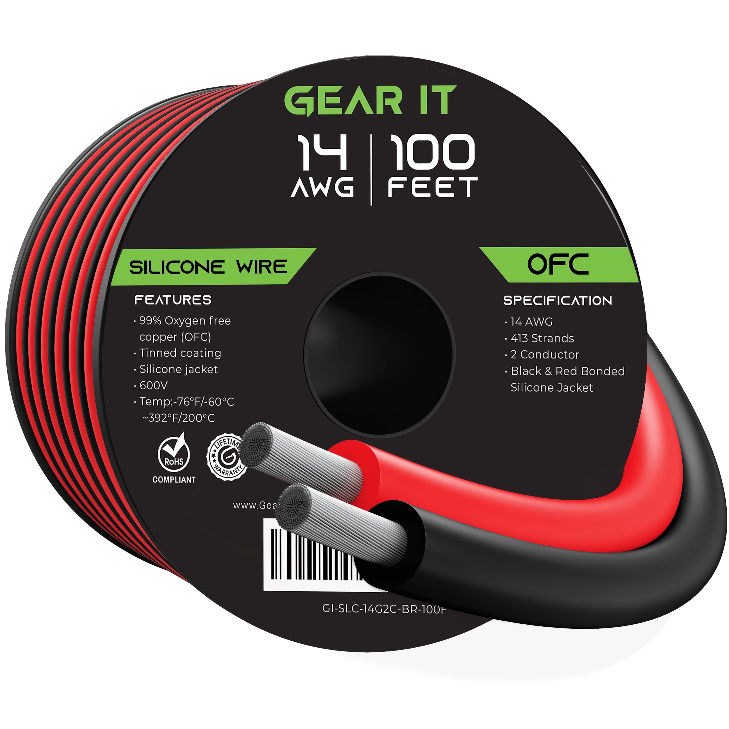 GEARit 14 Gauge Silicone Wire Power Supply Cable 600v Tinned Ofc Copper Stranded Flexible Electrical Wire 100ft for Auto, Trailer, Amp