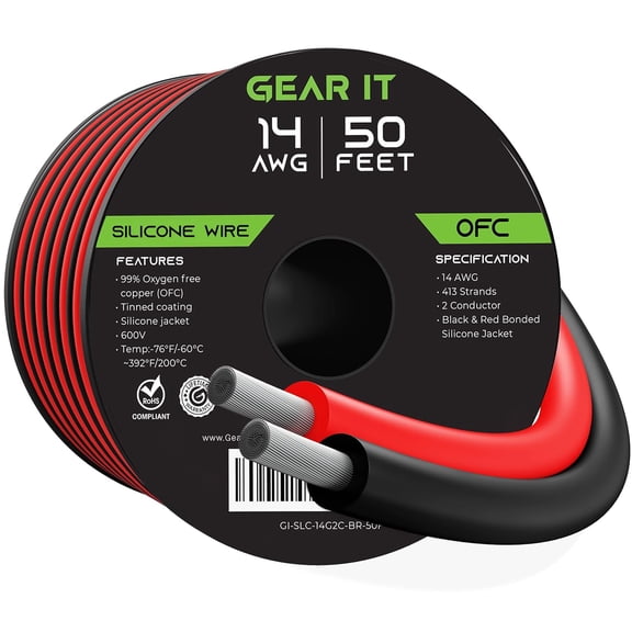 GEARit 14 Gauge Silicone Wire 600V (Bonded Black/Red - 50 Feet) 14AWG Tinned OFC Oxygen Free Copper Stranded Soft Flexible Wires for Primary, Electrical, Car/Auto, Trailer, Amp - 14ga 50ft
