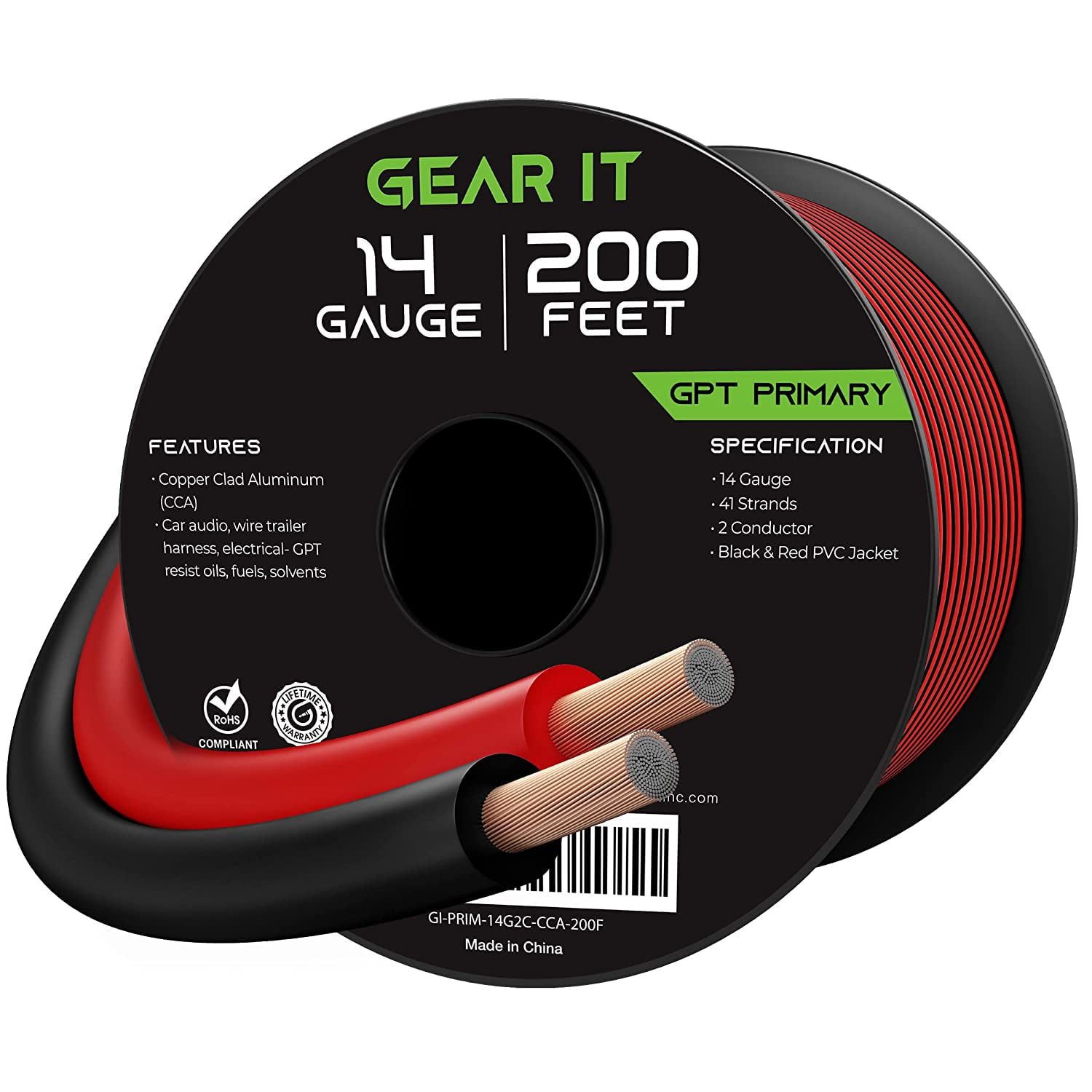 GearIT 14 Gauge Wire (200ft - Black/Red) GPT Automotive Primary Bonded Wire - Copper Clad Aluminum CCA - Car Audio, Speaker Wire, Trailer Harness, Electrical - 200 Feet Total 14ga awg