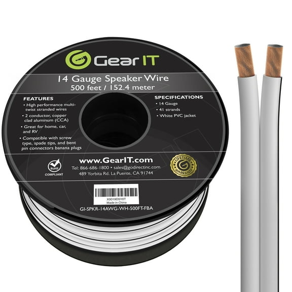 GearIT 14AWG Speaker Wire, White 14 Gauge Copper Clad Aluminum Core Wire with Color Coded Jacket, 500 ft