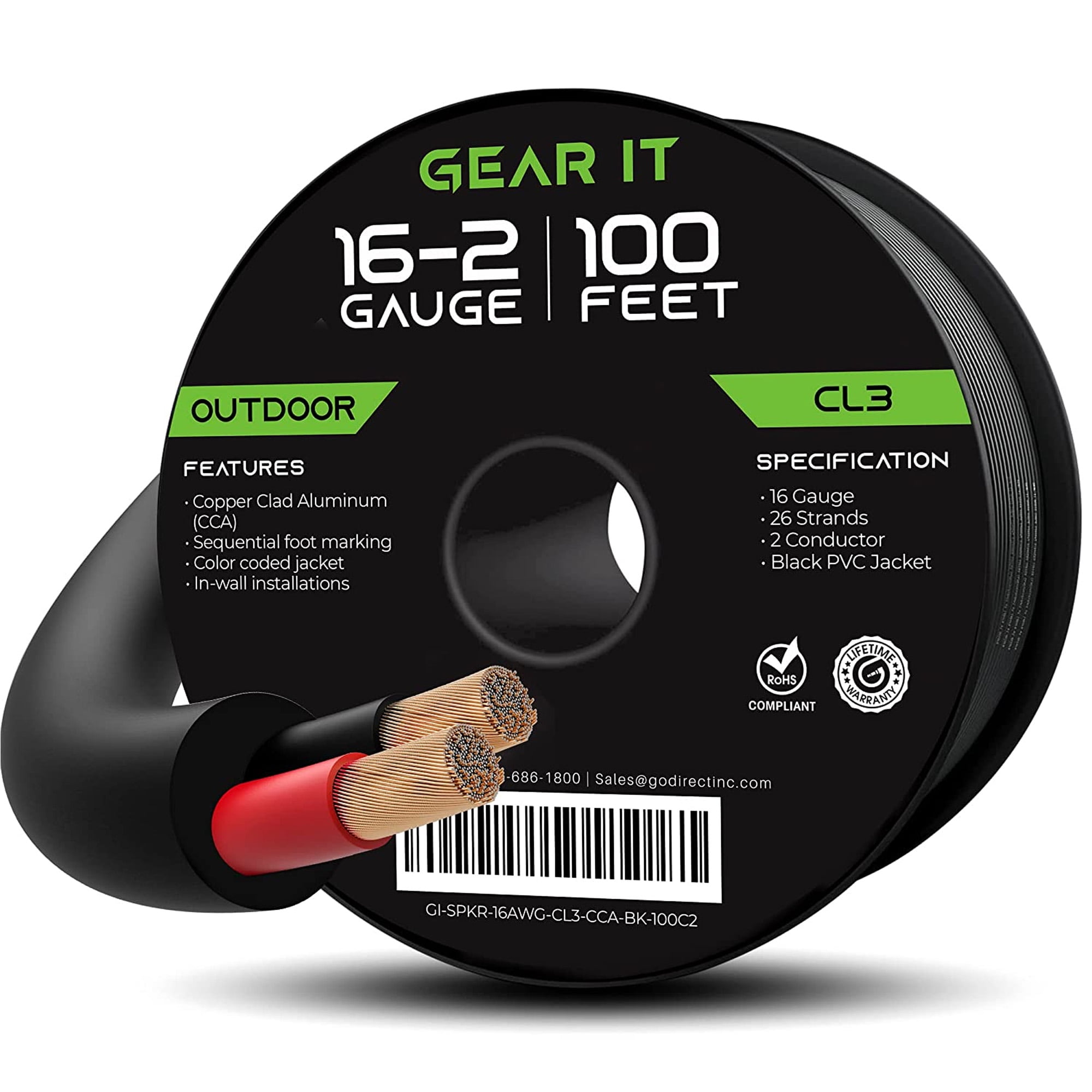 GearIT 16/2 CCA (Copper Clad Aluminum) Outdoor Speaker Wire for Outdoor Direct Burial / In Wall Speakers, Black 100 ft.