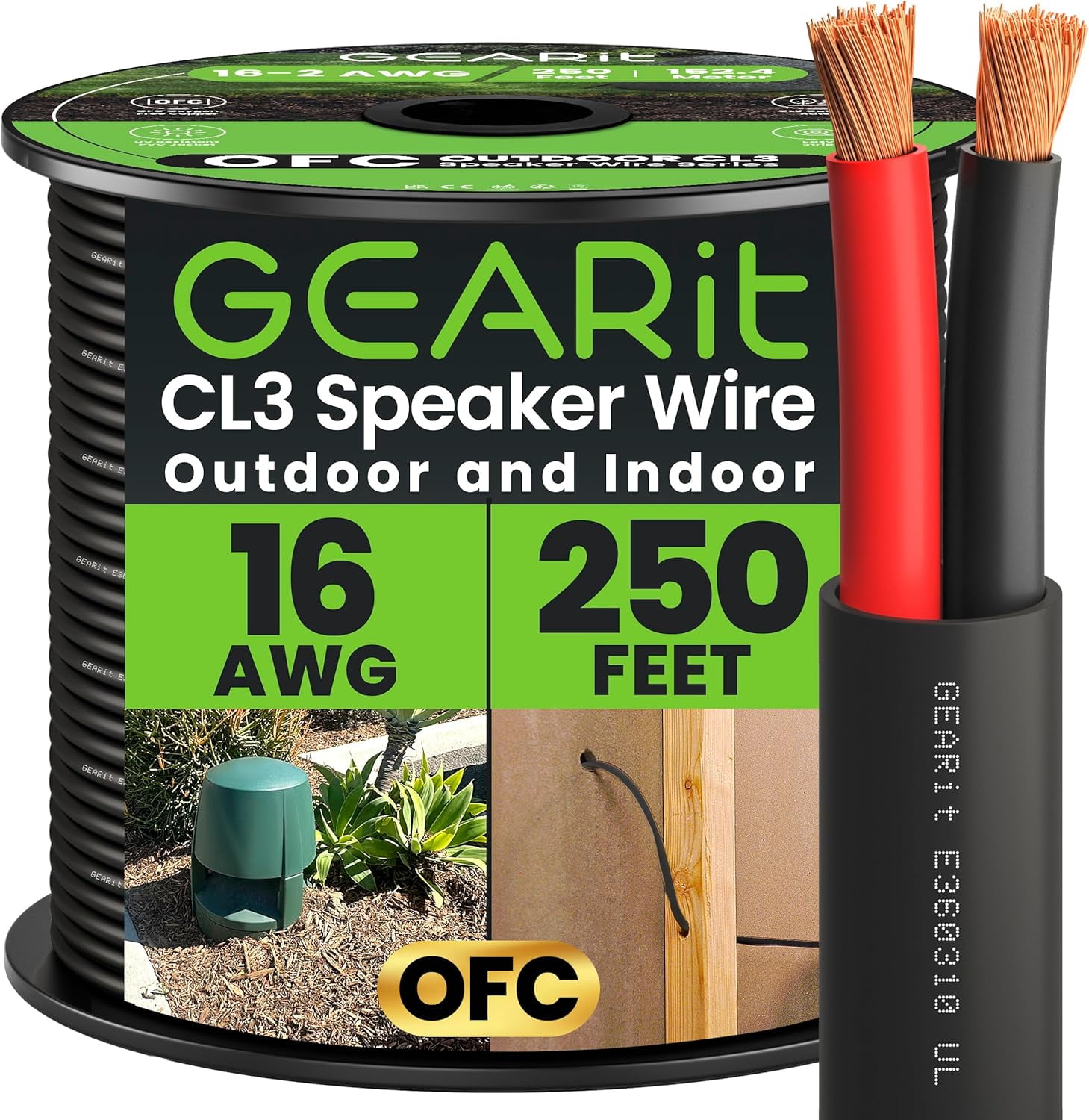 GEARit Speaker Wire 16 Gauge, 2 Conductor Oxygen-Free Copper, CL3 Rated, Black, 250 ft