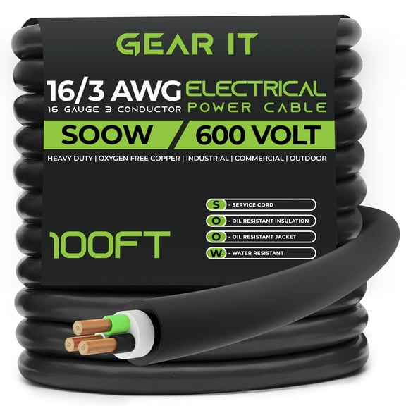 GearIT 16/3 16 AWG Portable Power Cable (100 Feet - 3 Conductor) SOOW 600V 16 Gauge Electric Wire for Motor Leads, Portable lights, Battery Chargers, Stage Lights and Machinery -100ft Electrical Cord