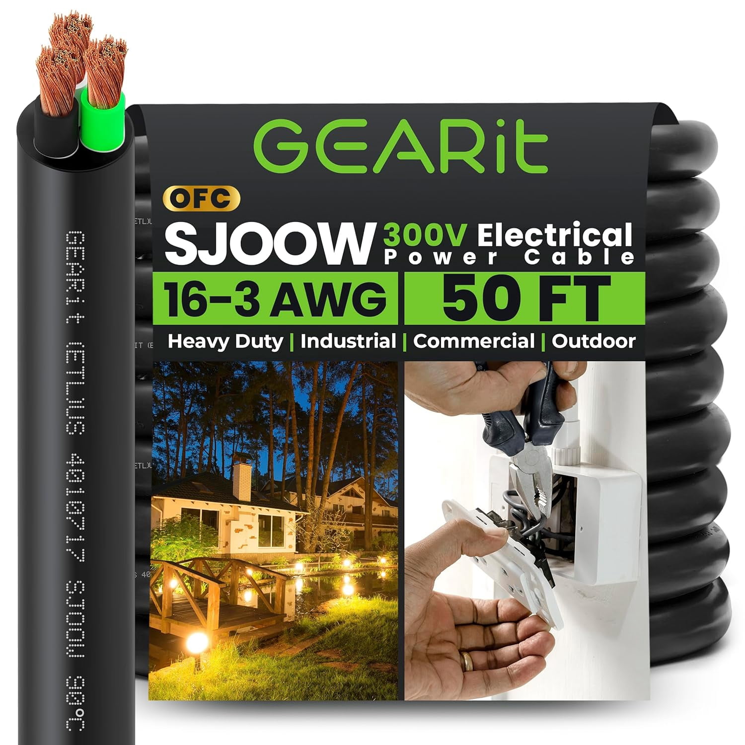 GearIT 16/3 16 AWG Portable Power Cable (50 Feet - 3 Conductor) SJOOW 300V 16 Gauge Electric Wire for Motor Leads, Portable lights, Battery Chargers, Stage Lights and Machinery -50ft Electrical Cord