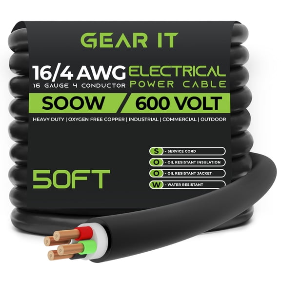 GearIT 16/4 16 AWG Portable Power Cable (50 Feet - 4 Conductor) SOOW 600V 16 Gauge Electric Wire for Motor Leads, Portable lights, Battery Chargers, Stage Lights and Machinery -50ft Electrical Cord