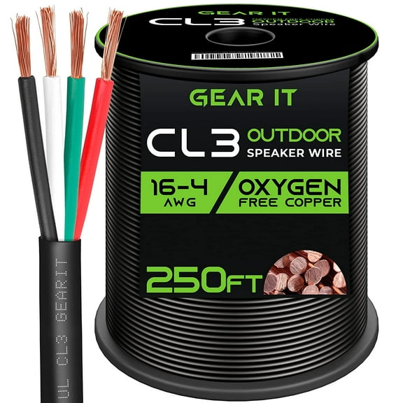 GearIT 16/4 16AWG Outdoor Speaker Cables for Direct Burial OFC Speaker Wire Audio Cable, Black 250-ft