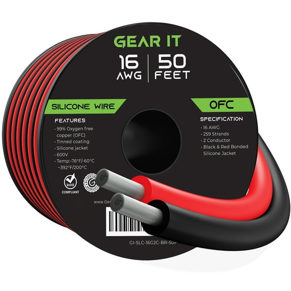 GearIT 16 Gauge Silicone Wire 600V (Bonded Black/Red - 50 Feet) 16AWG Tinned OFC Oxygen Free Copper Stranded Soft Flexible Wires for Primary, Electrical, Car/Auto, Trailer, Amp - 16ga 50ft