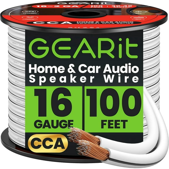 GEARit 16 Gauge Speaker Wire , High Quality 2 Conductor Car Audio Cable, White, 100 ft