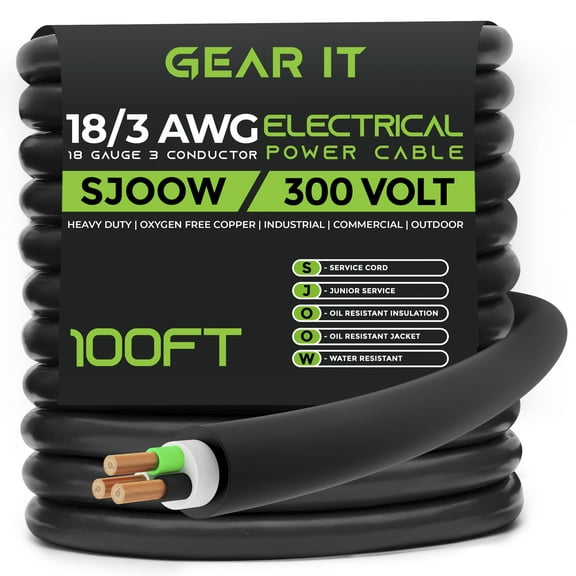 GearIT 18/3 18 AWG Portable Power Cable (100 Feet - 3 Conductor) SJOOW 300V 18 Gauge Electric Wire for Motor Leads, Portable lights, Battery Charger, Stage Lights and Machinery -100ft Electrical Cord