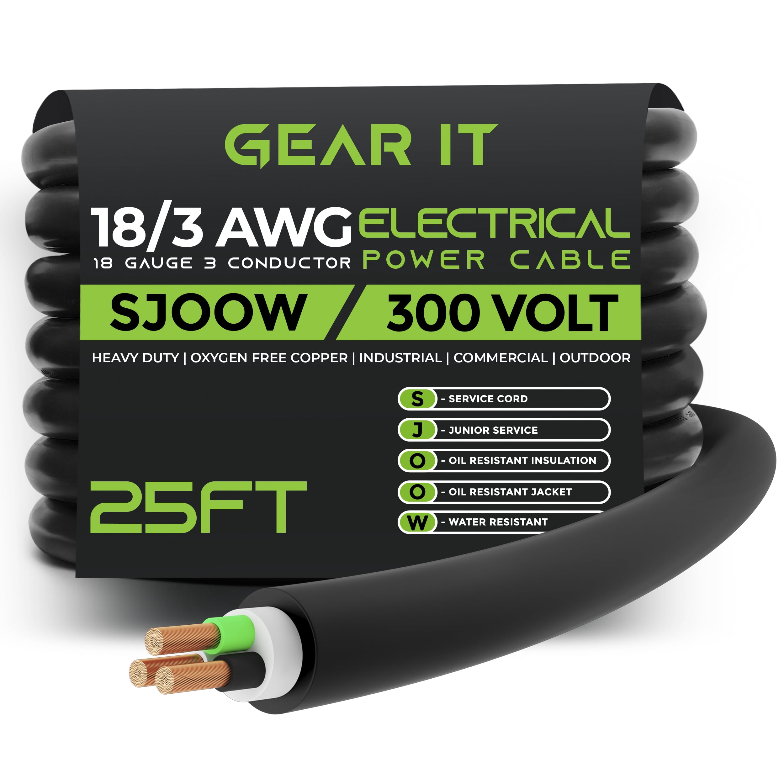 GearIT 18/3 18 AWG Portable Power Cable (25 Feet - 3 Conductor) SJOOW 300V 18 Gauge Electric Wire for Motor Leads, Portable lights, Battery Chargers, Stage Lights and Machinery -25ft Electrical Cord