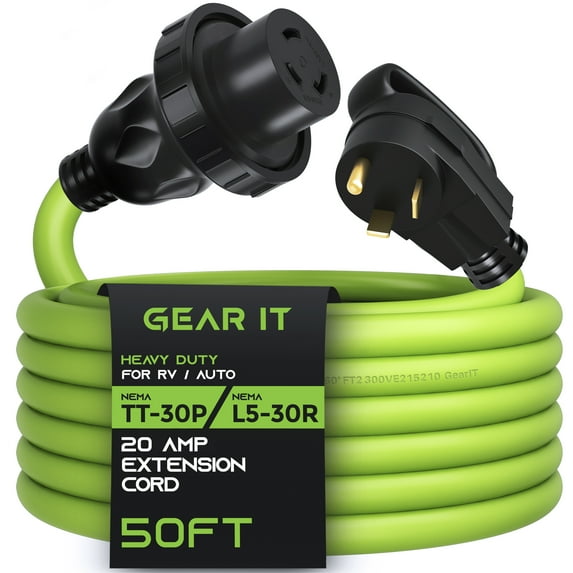 GearIT 20-Amp RV Power Extension Cord (50 Feet) 3-Prong NEMA TT-30P to L5-30R - Twist Locking Adapter, 125-Volt 10/3 STW 10AWG Gauge 3C, RV Trailer Campers, ETL Listed