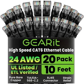 GearIT Cat 6 Ethernet Cable Pack - 20-Pack 10 ft Cat6 Ethernet Patch Cables | RJ45 Network Patch Cable, 10 Gbps Snagless Gold-Plated Connectors - Ethernet Cable Cat 6 for PC, TV, Router - Black