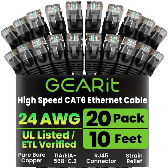 GearIT Cat 6 Ethernet Cable Pack - 20-Pack 10 ft Cat6 Ethernet Patch Cables | RJ45 Network Patch Cable, 10 Gbps Snagless Gold-Plated Connectors - Ethernet Cable Cat 6 for PC, TV, Router - Black