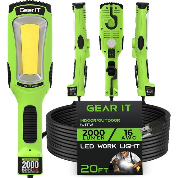 GearIT 2000 Lumens LED Portable Light Magnetic Lamp Worklight with NEMA Extension Cord, Green 20 ft.