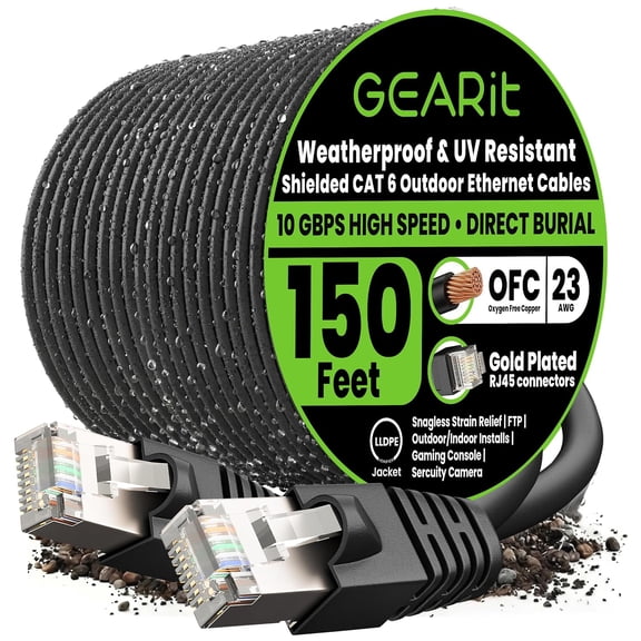 GEARit Outdoor Cat 6 Ethernet Cable, Direct Burial Wire, Outdoor Shielded Rj45 Lan Network Cable, Pure Copper, 150ft, Black