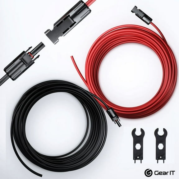 GearIT (25FT Black - 25Ft Red) 12AWG Solar Extension Cable - Male to Female Solar Connectors for Solar Panel Wire with Adapter Tool Kit , Renewable Energy Extension Cable, 25 Feet