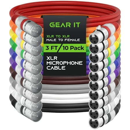 GearIT 3-Pin XLR Microphone Cord Male to Female Audio Cable, 3ft 10 Pack