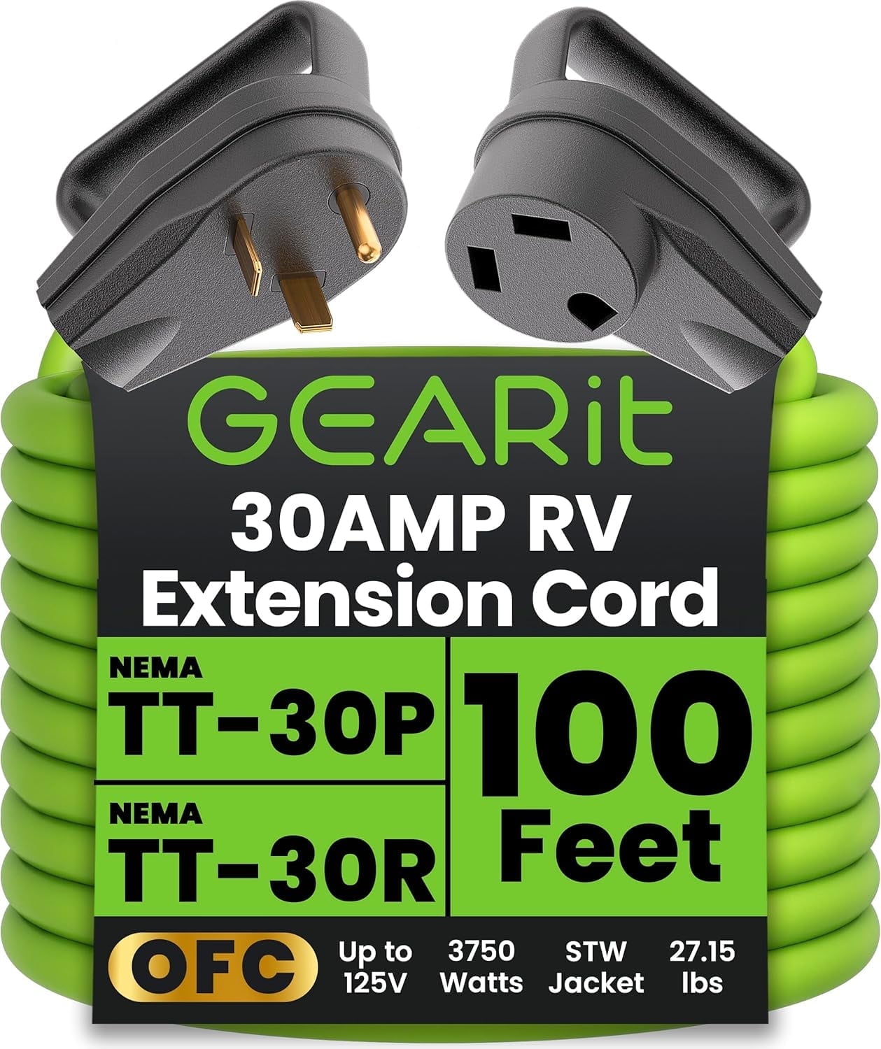 GearIT 3-Prong 250V 30 Amp RV Extension Cord, Heavy Duty, Camping Outdoor Power Cord Extension, 100 ft