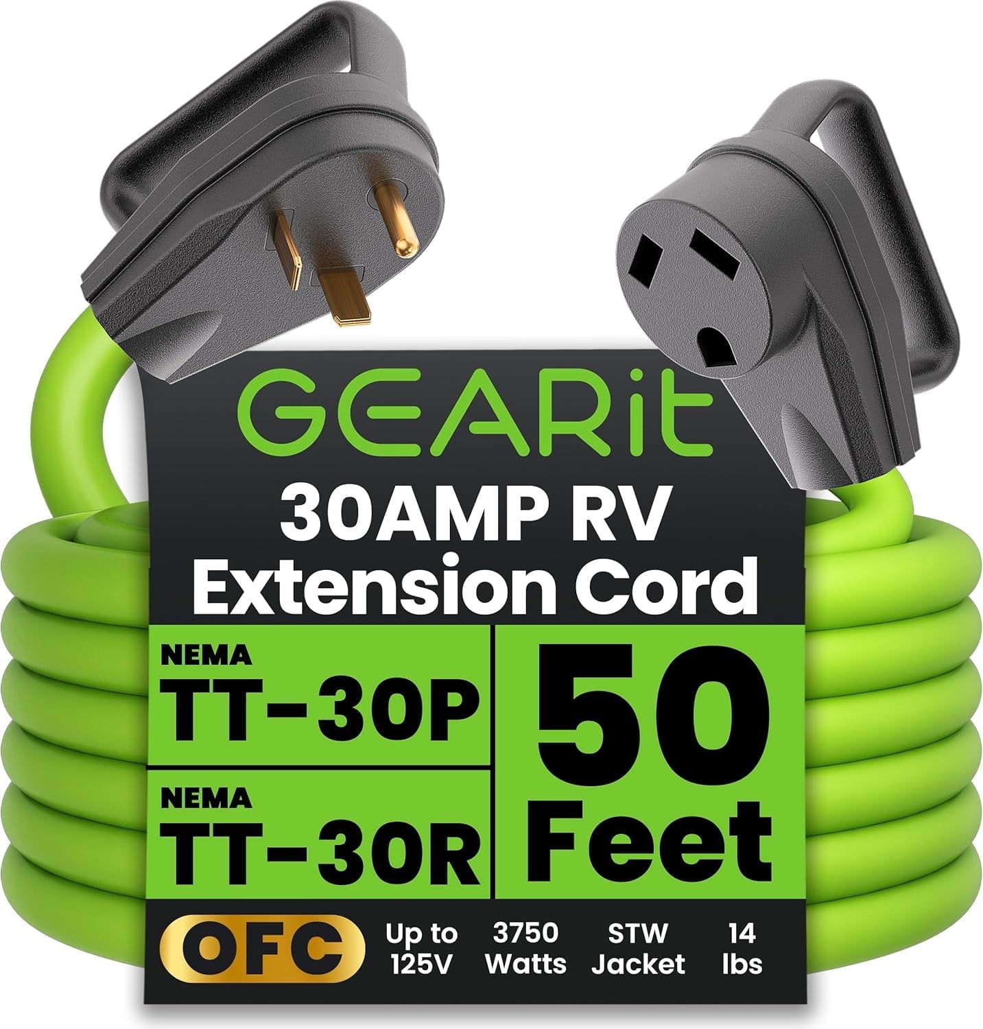 GEARit 3-Prong 30 Amp 10AWG NEMA TT-30 Power Extension Cord for RV and Auto, 50ft