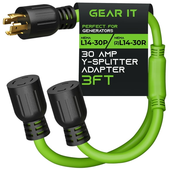 GearIT 30-Amp Generator Splitter Y Adapter Cord - NEMA L14-30P to (2) L14-30R, 4-Prong 120/250-Volt 7500W, 10 Gauge SJTW Locking Power Cord for Manual Transfer Switch, Portable Generators, Outages 3ft