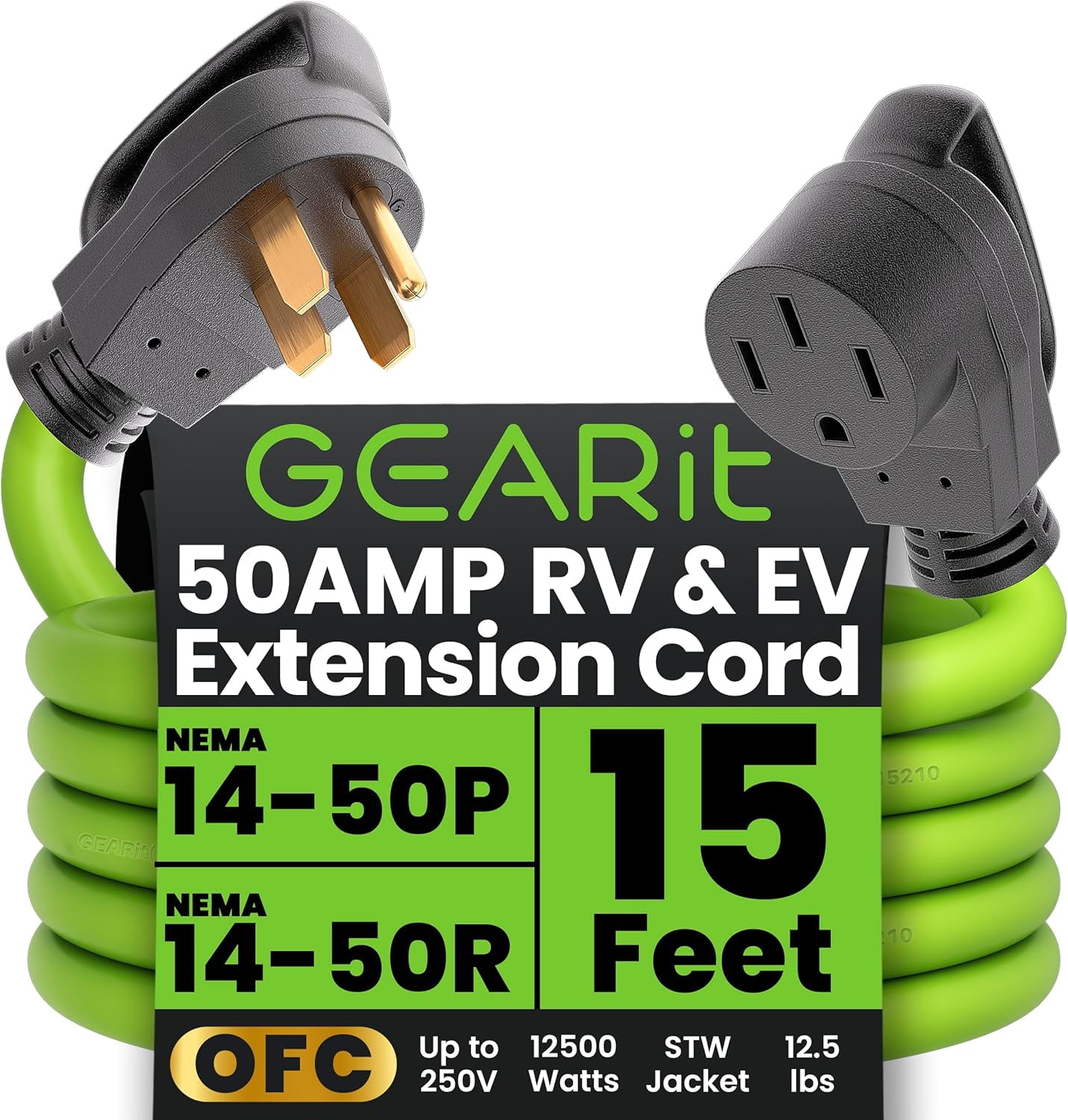 GEARit 4-Prong 250V 50A Electrical Adapter Power Extension Cord, 15 ft, NEMA 14-50, Weatherproof and Durable