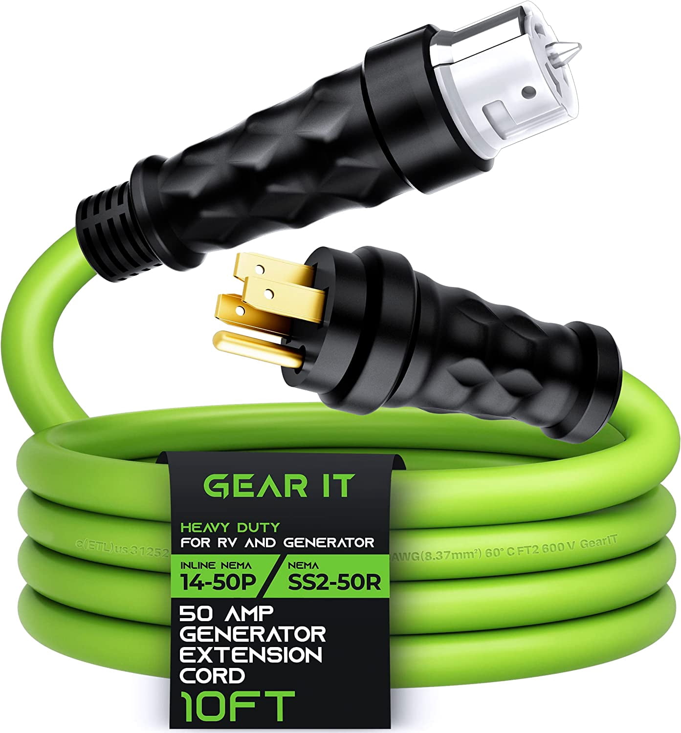 GearIT 50 Amp Generator Cord Extension, Inline NEMA 14-50P to SS2-50R Twist Lock Connector STW 6/3+8/1 AWG 125/250V for 50A Power Inlet Box, RV, 10ft